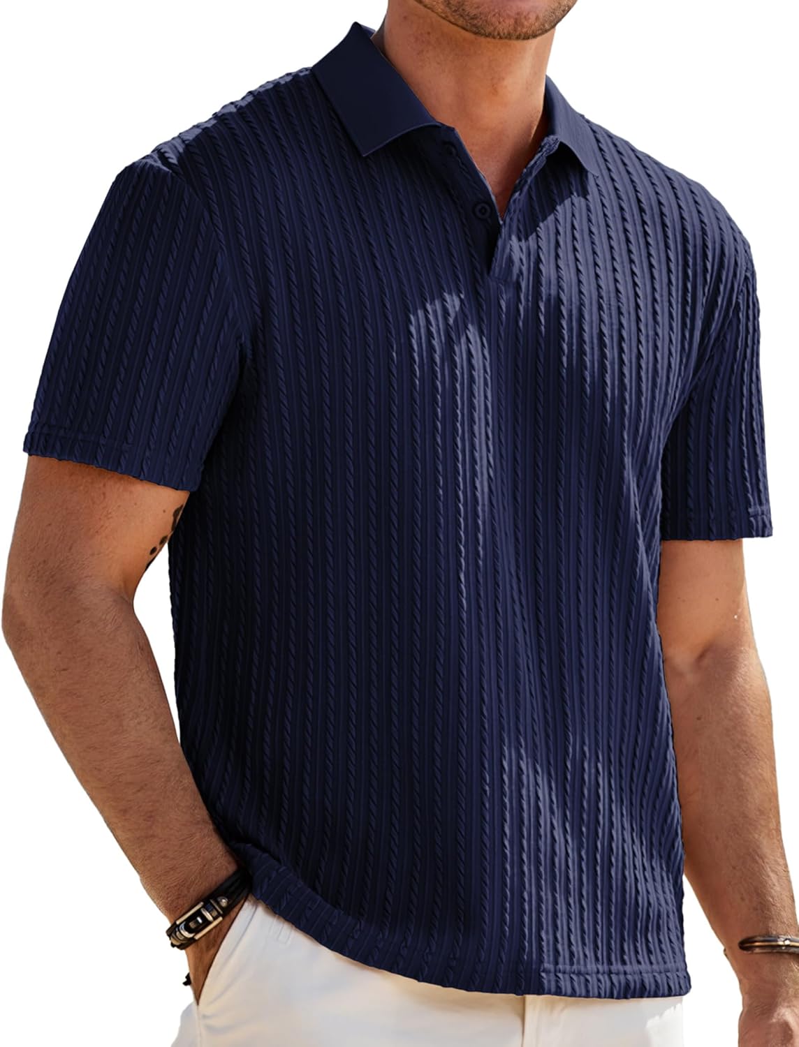 Mens Casual Polo Shirt Summer Short Sleeve Vacation Button Beach Knit Stretchy Golf Shirts