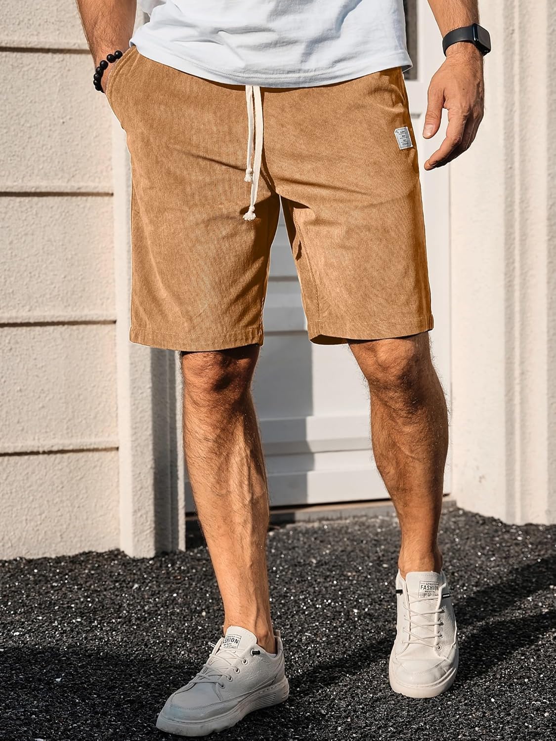 Mens Corduroy Shorts Casual 7 Inch Inseam Elastic Waist Drawstring Summer Beach Short