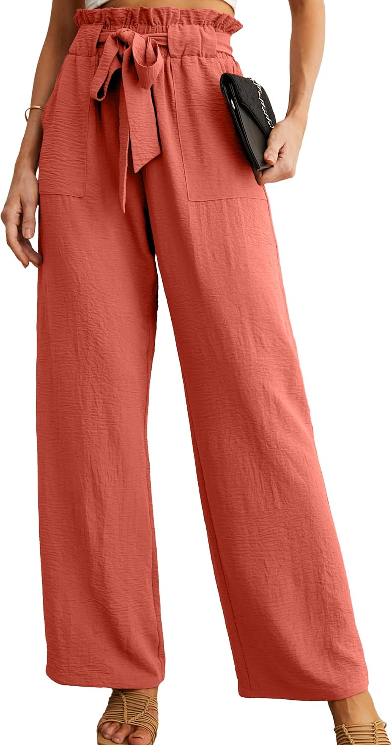 Women's Wide Leg Pants with Pockets High Waist Adjustable Knot Loose Casual Trousers Business Work Casual Pants