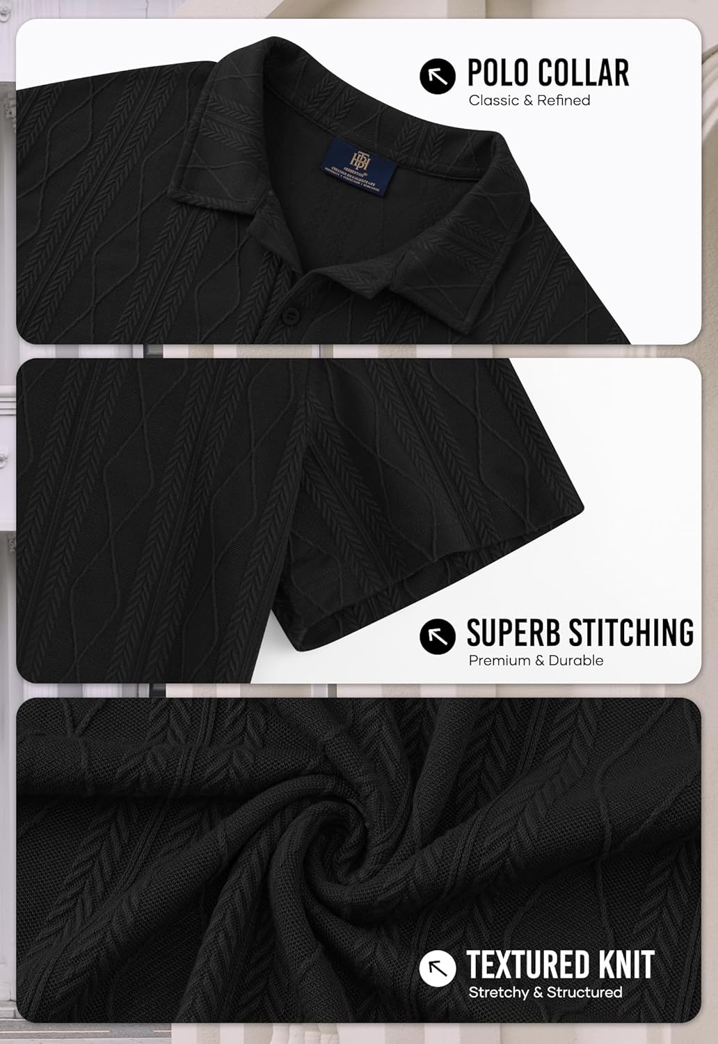 Mens Textured Knit Polo Shirts Loose Fit Stretch Casual Summer Collared Shirt (S-XXL)