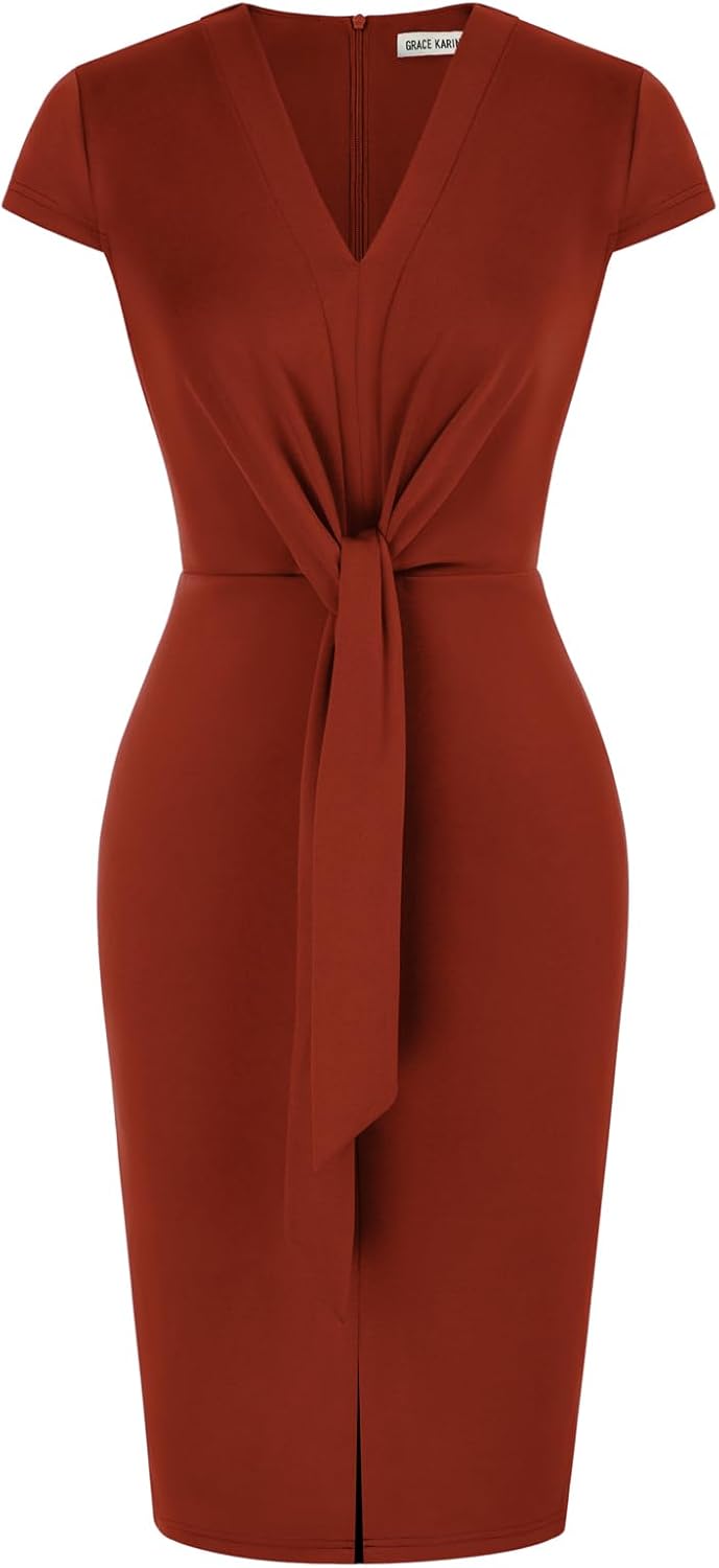 Women's Summer Midi Dresses Cap Sleeve Tie Waist Work Dress Slit V-Neck Bodycon Dress Business Casual Outfits