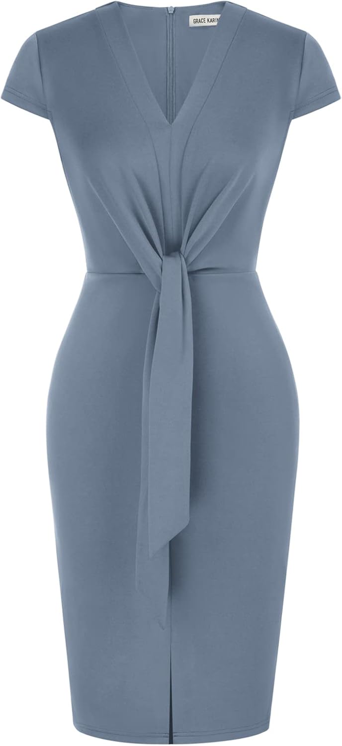 Women's Summer Midi Dresses Cap Sleeve Tie Waist Work Dress Slit V-Neck Bodycon Dress Business Casual Outfits