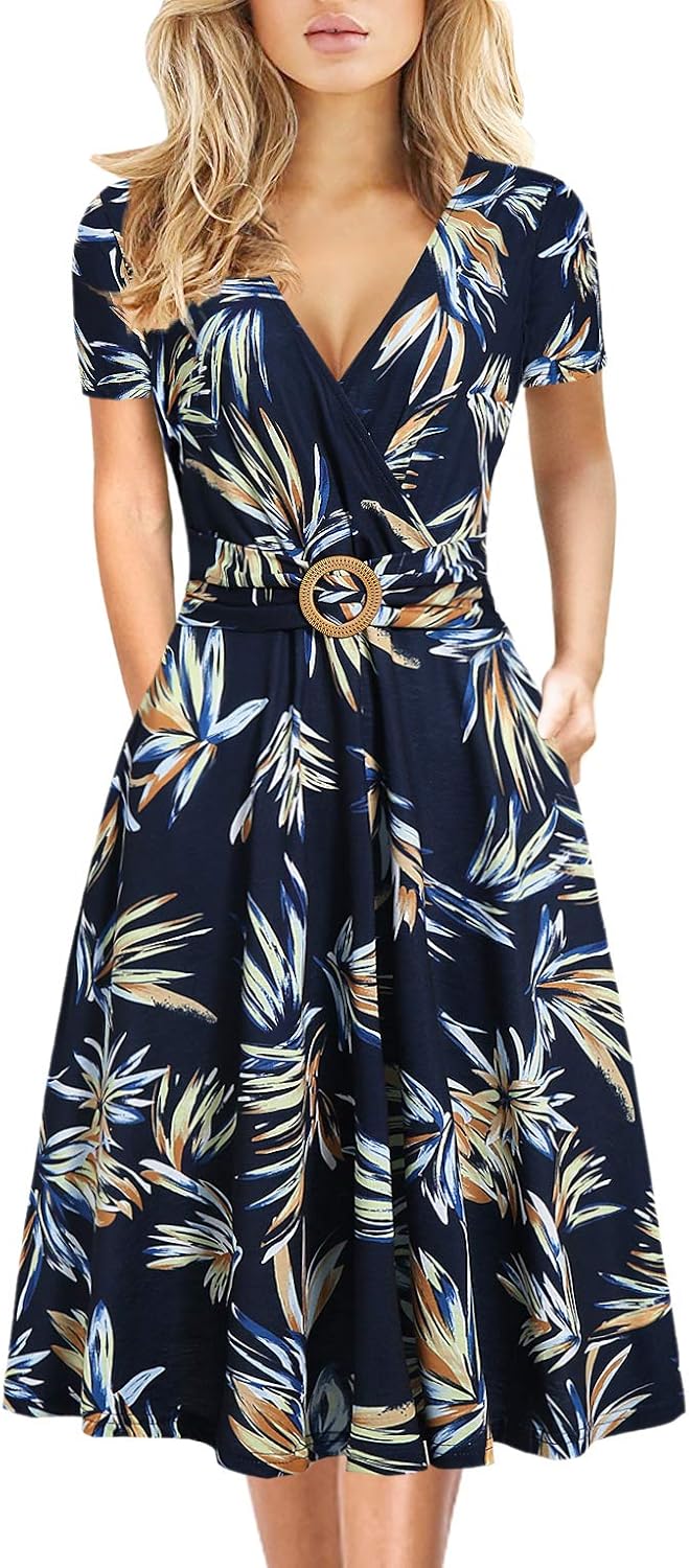 Women's Elegant Criss-Cross V Neck Vintage Short Sleeve Work Casual Fit and Flare Tea Dress with Pockets