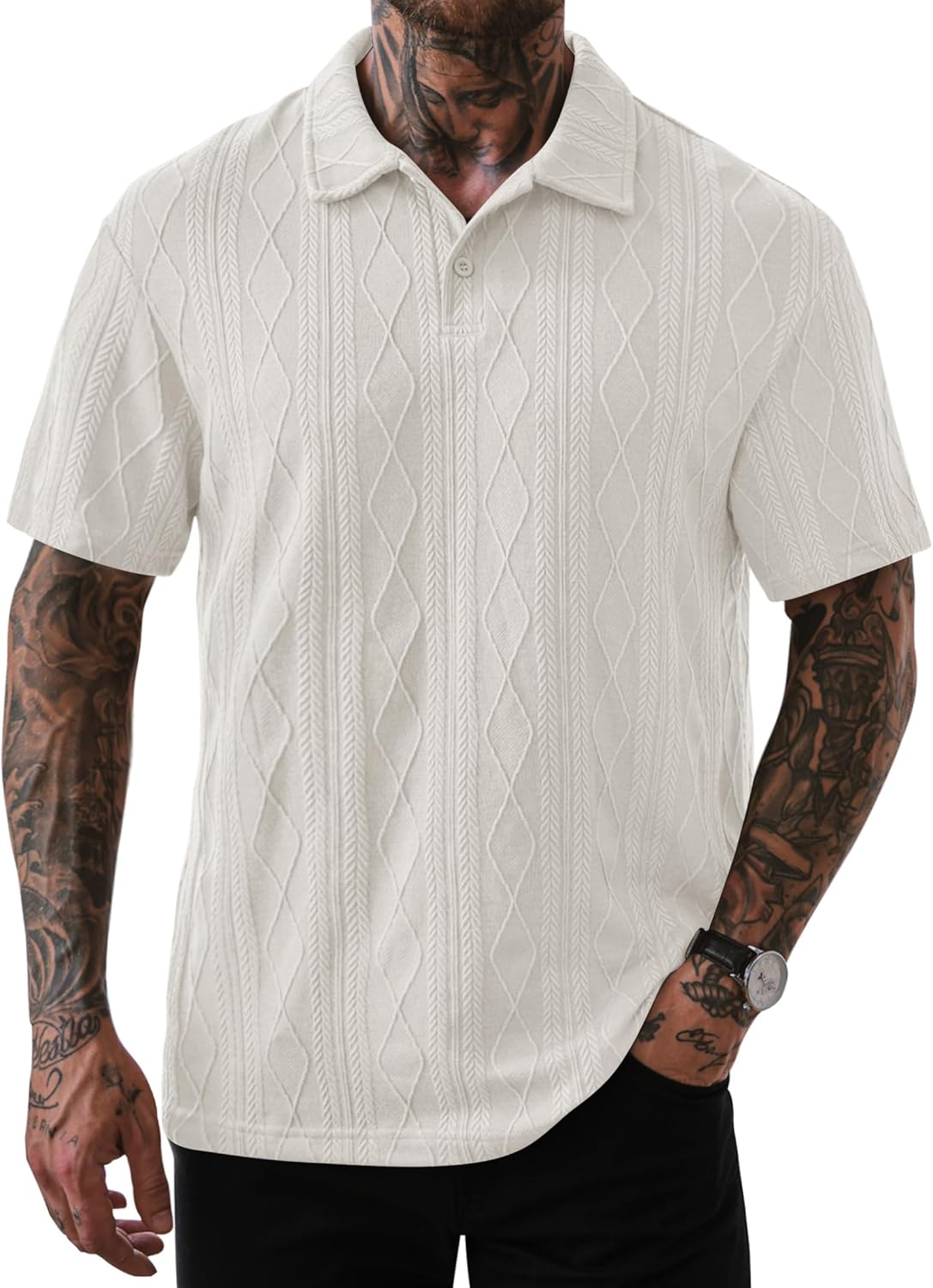 Mens Textured Knit Polo Shirts Loose Fit Stretch Casual Summer Collared Shirt (S-XXL)