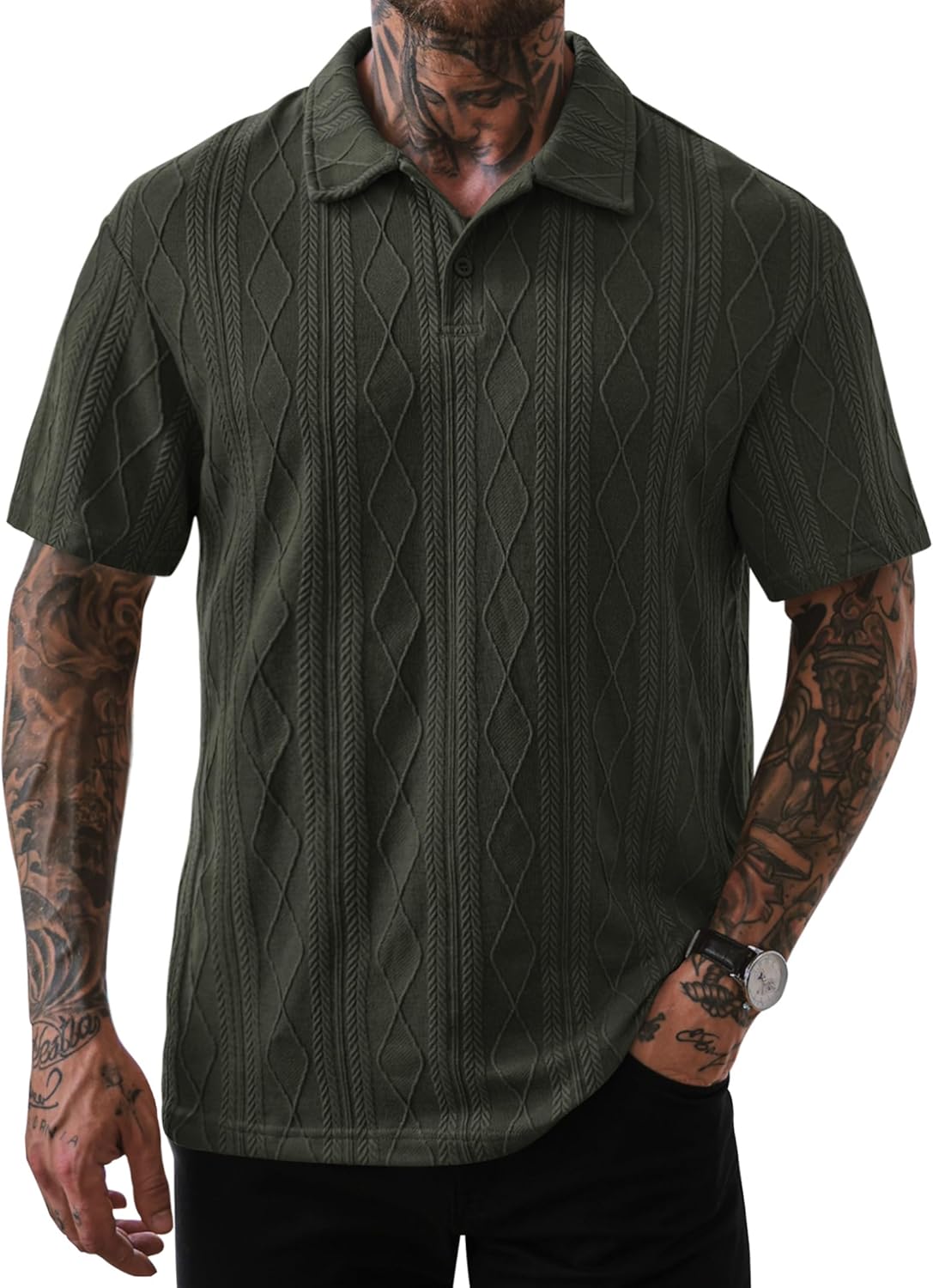 Mens Textured Knit Polo Shirts Loose Fit Stretch Casual Summer Collared Shirt (S-XXL)