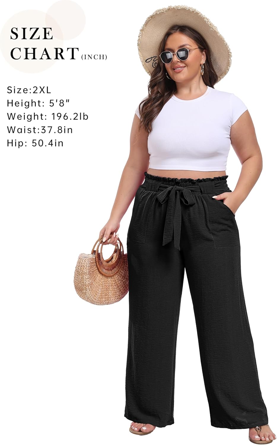 Women's Wide Leg Pants with Pockets High Waist Adjustable Knot Loose Casual Trousers Business Work Casual Pants