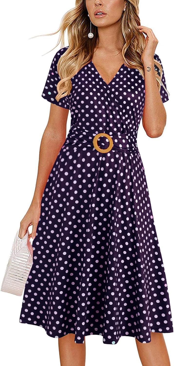 Women's Elegant Criss-Cross V Neck Vintage Short Sleeve Work Casual Fit and Flare Tea Dress with Pockets