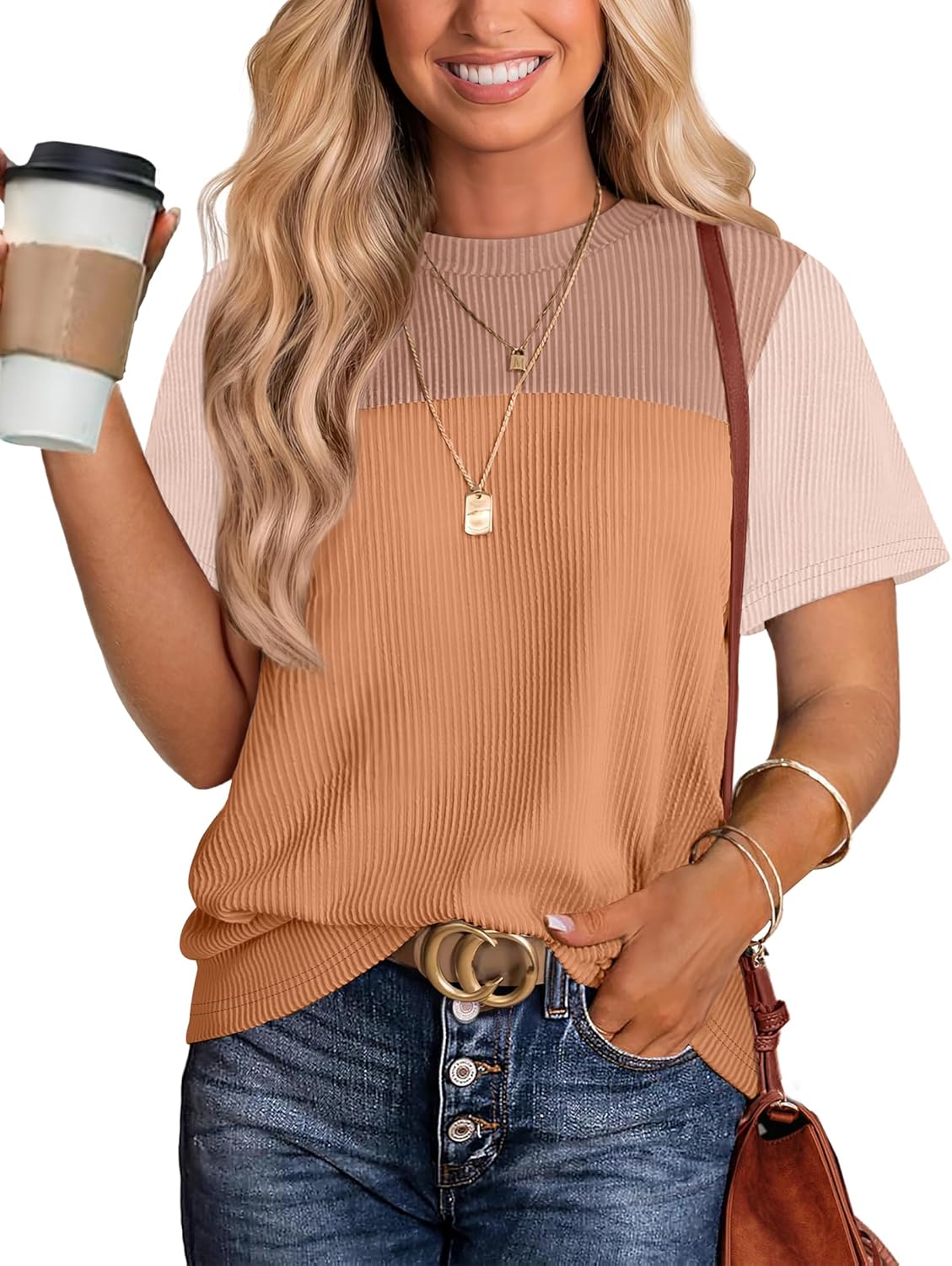 Womens Fashion 2025 Color Block Shirts Short Sleeve Crewneck Knitted Spring Summer Tops Casual Trendy