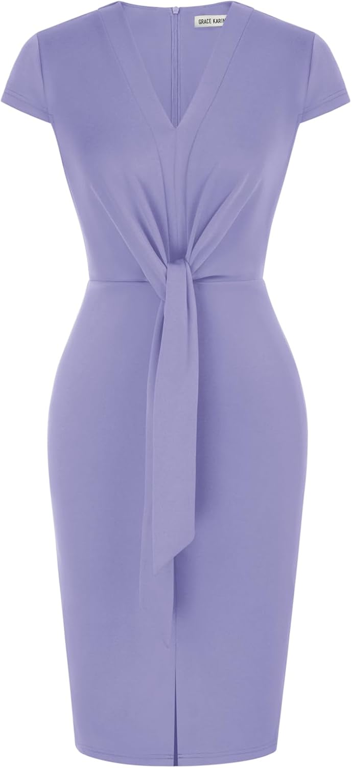 Women's Summer Midi Dresses Cap Sleeve Tie Waist Work Dress Slit V-Neck Bodycon Dress Business Casual Outfits