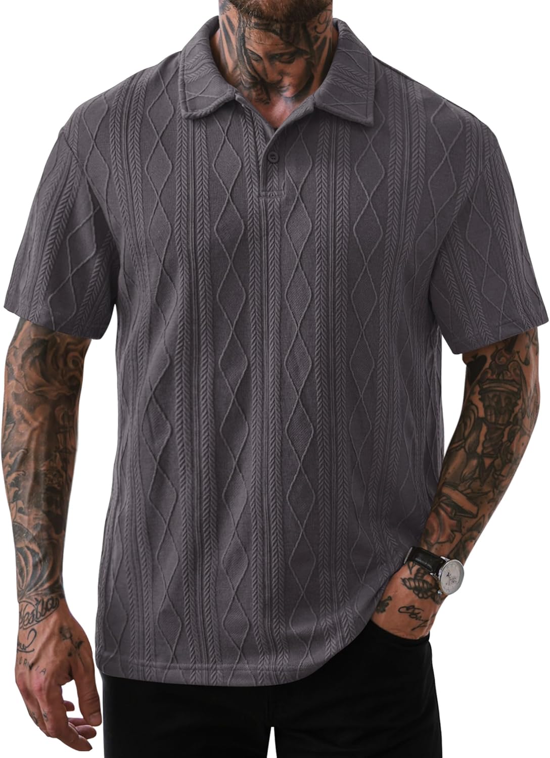 Mens Textured Knit Polo Shirts Loose Fit Stretch Casual Summer Collared Shirt (S-XXL)