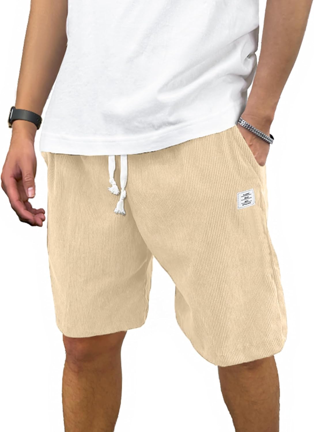 Mens Corduroy Shorts Casual 7 Inch Inseam Elastic Waist Drawstring Summer Beach Short
