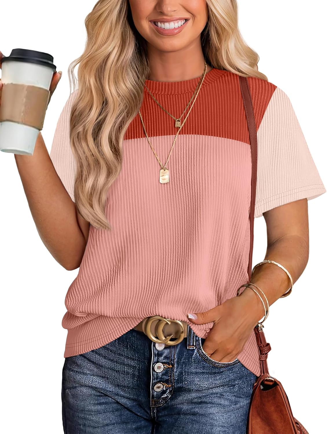 Womens Fashion 2025 Color Block Shirts Short Sleeve Crewneck Knitted Spring Summer Tops Casual Trendy