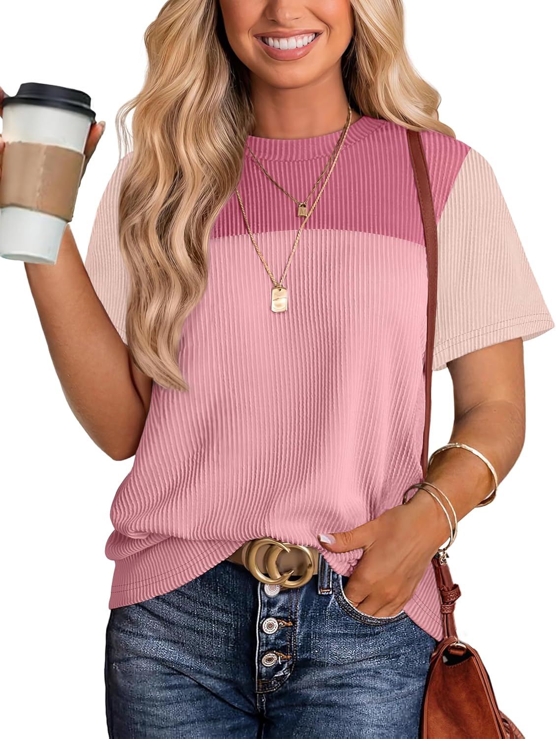 Womens Fashion 2025 Color Block Shirts Short Sleeve Crewneck Knitted Spring Summer Tops Casual Trendy