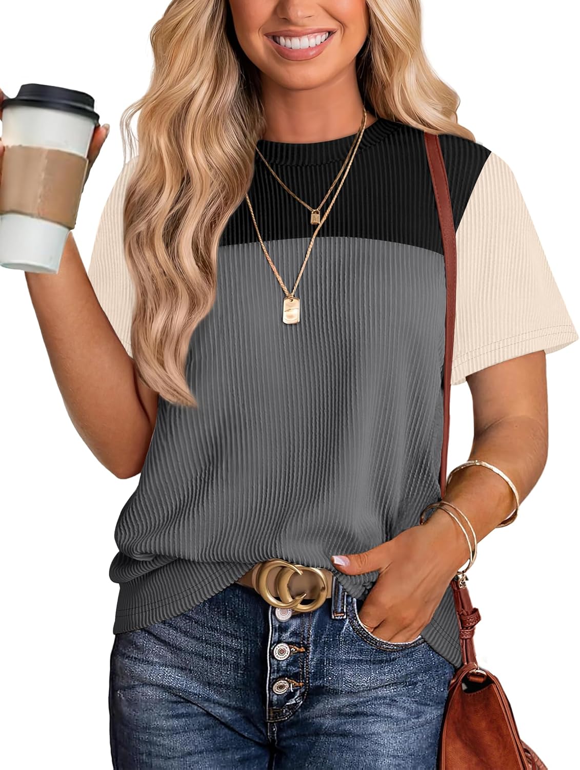 Womens Fashion 2025 Color Block Shirts Short Sleeve Crewneck Knitted Spring Summer Tops Casual Trendy