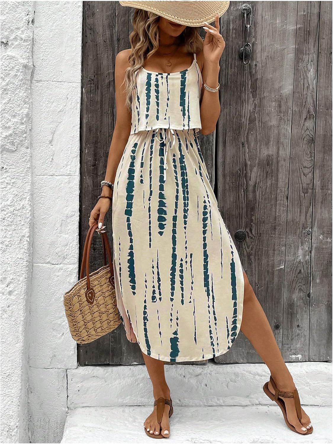 Women's Spaghetti Strap Tie Dye Cami Dress Scoop Neck Split Thigh Midi Dresses Knot Front Sun Dresses