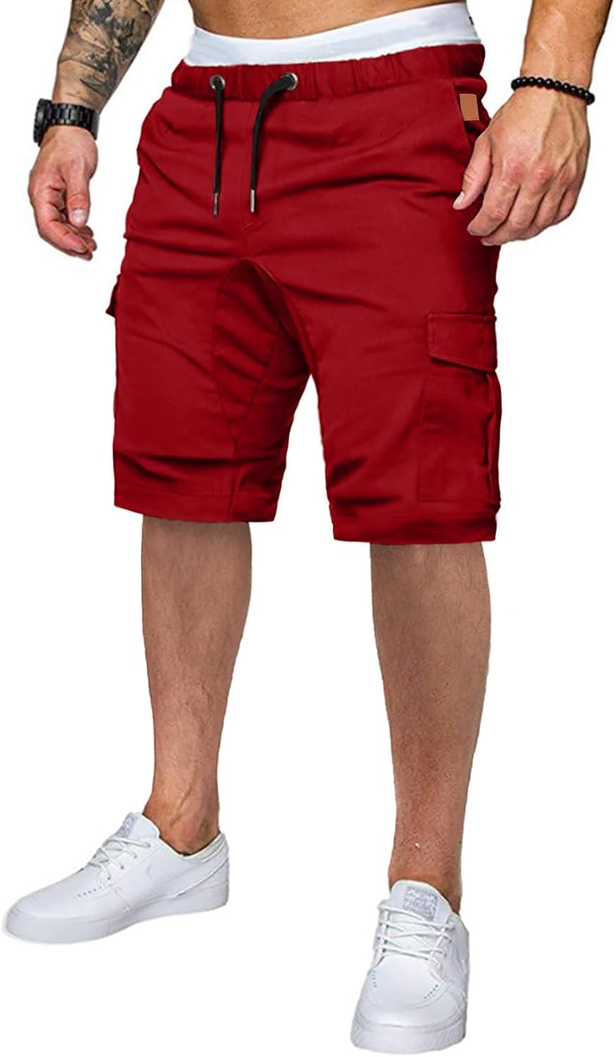 Mens Casual Cargo Shorts - Cotton Drawstring Stretch Summer Beach Shorts Twill Chino Short with 6 Pockets