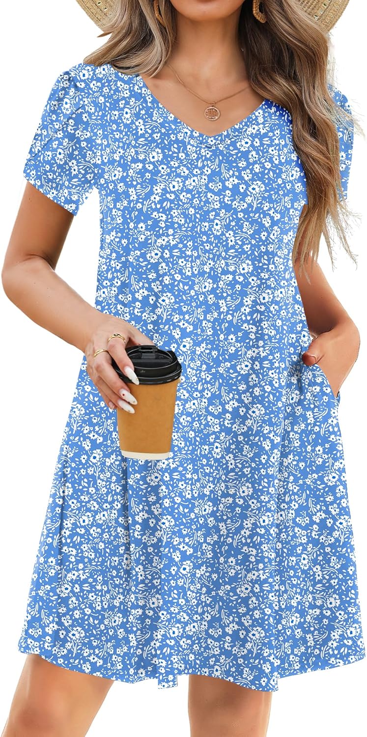 Womens Summer A-Line Dress with Pockets Mini Short Sleeve Dresses Flowy Beach Swing Dress 2025 Vacation Travel