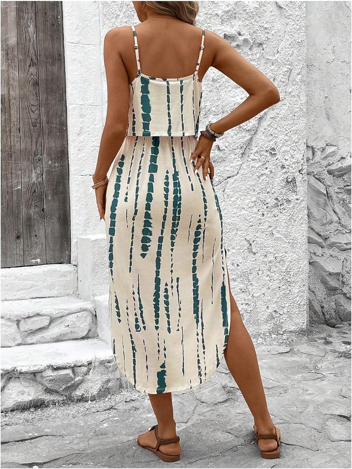 Women's Spaghetti Strap Tie Dye Cami Dress Scoop Neck Split Thigh Midi Dresses Knot Front Sun Dresses