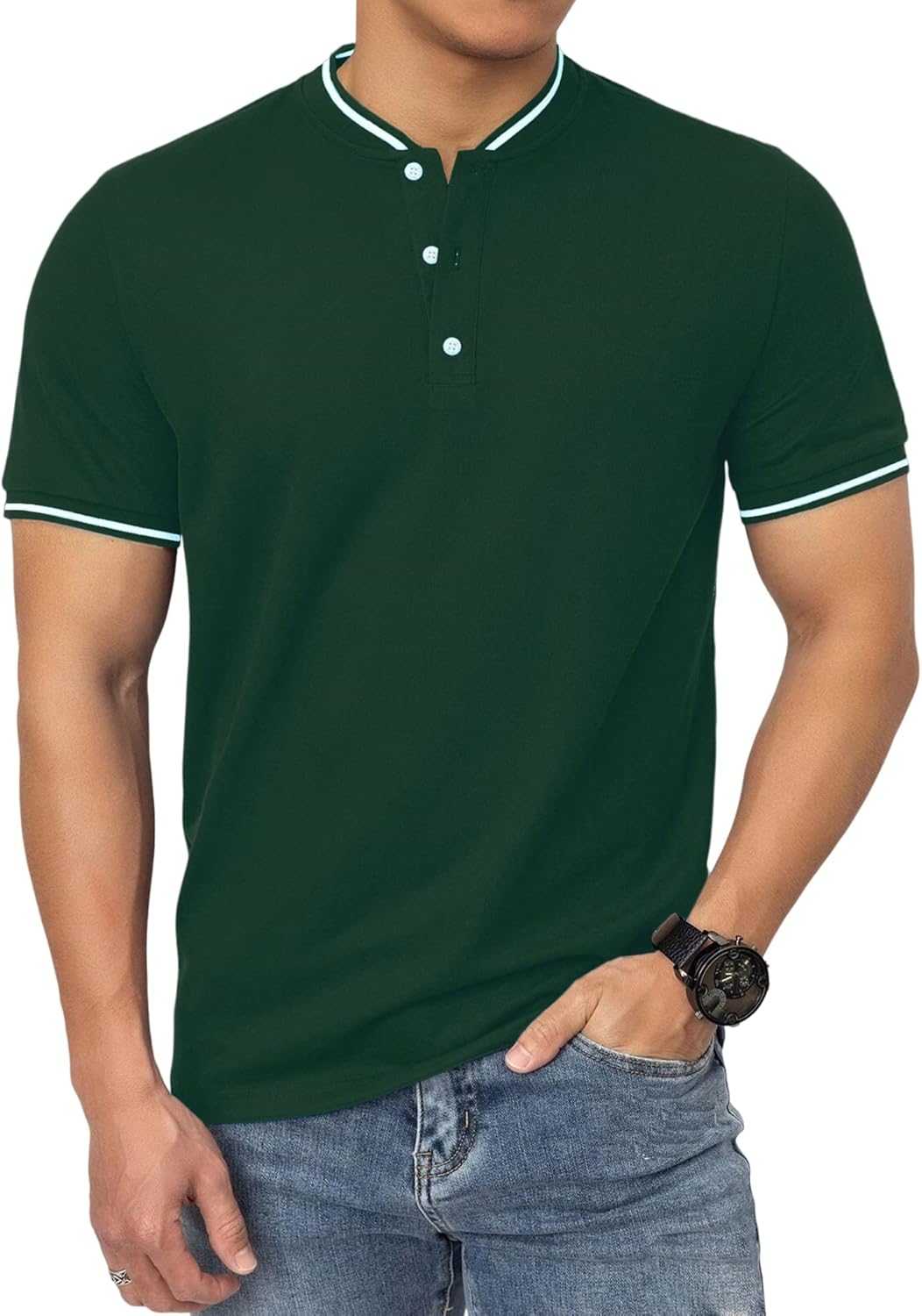 Men's Polo Shirts Casual Short Sleeve Cotton Pique Polo T Shirts Classic Collarless Golf Shirts for Men