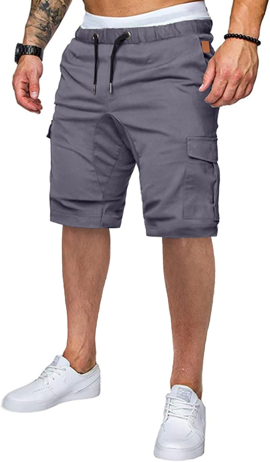 Mens Casual Cargo Shorts - Cotton Drawstring Stretch Summer Beach Shorts Twill Chino Short with 6 Pockets