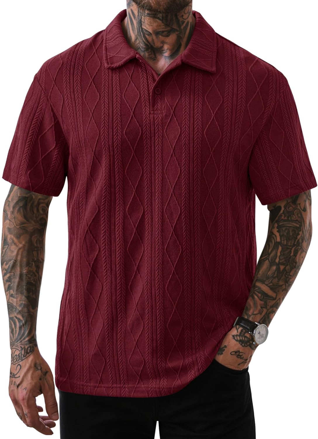 Mens Textured Knit Polo Shirts Loose Fit Stretch Casual Summer Collared Shirt (S-XXL)
