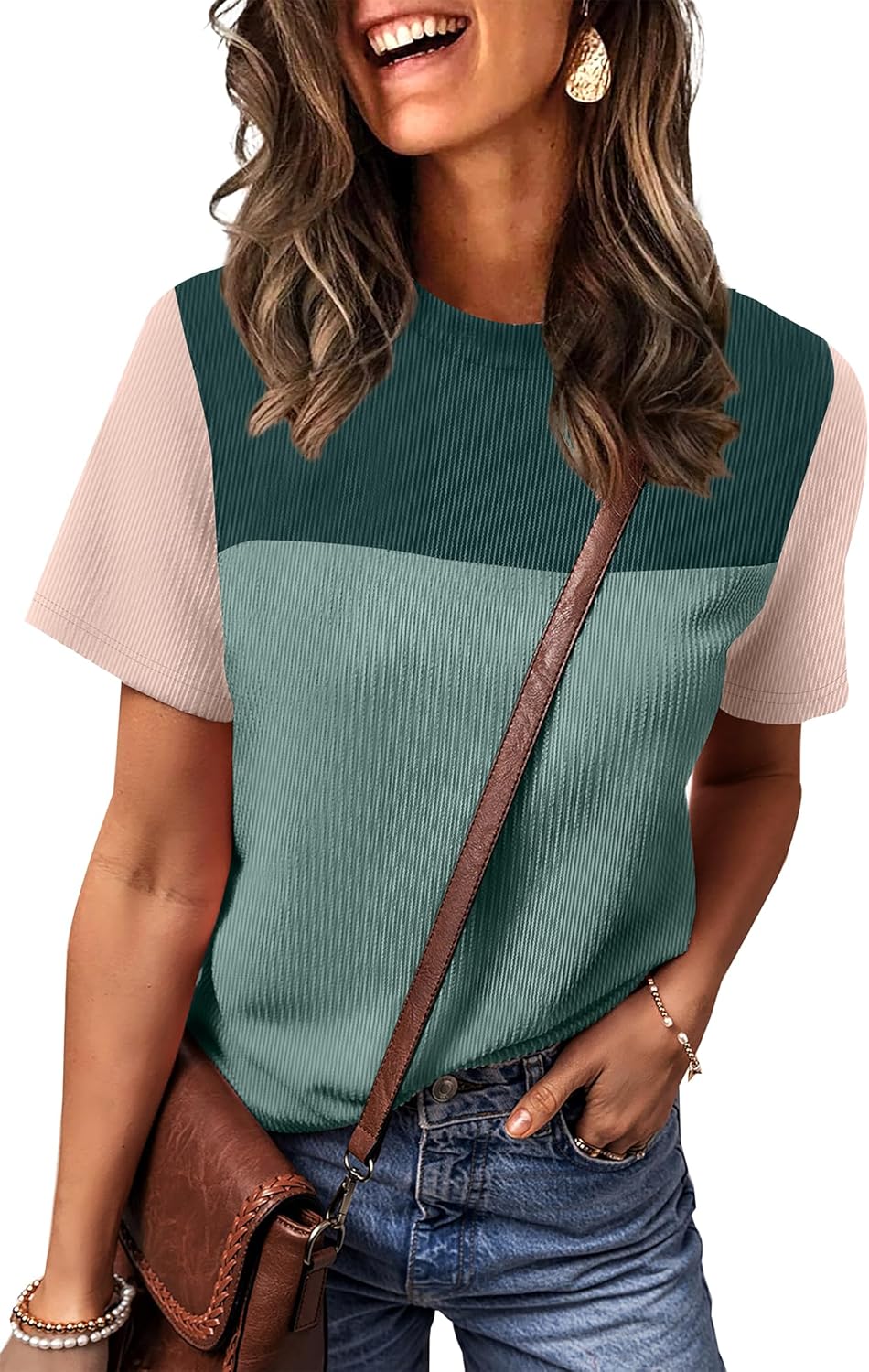 Womens Fashion 2025 Color Block Shirts Short Sleeve Crewneck Knitted Spring Summer Tops Casual Trendy
