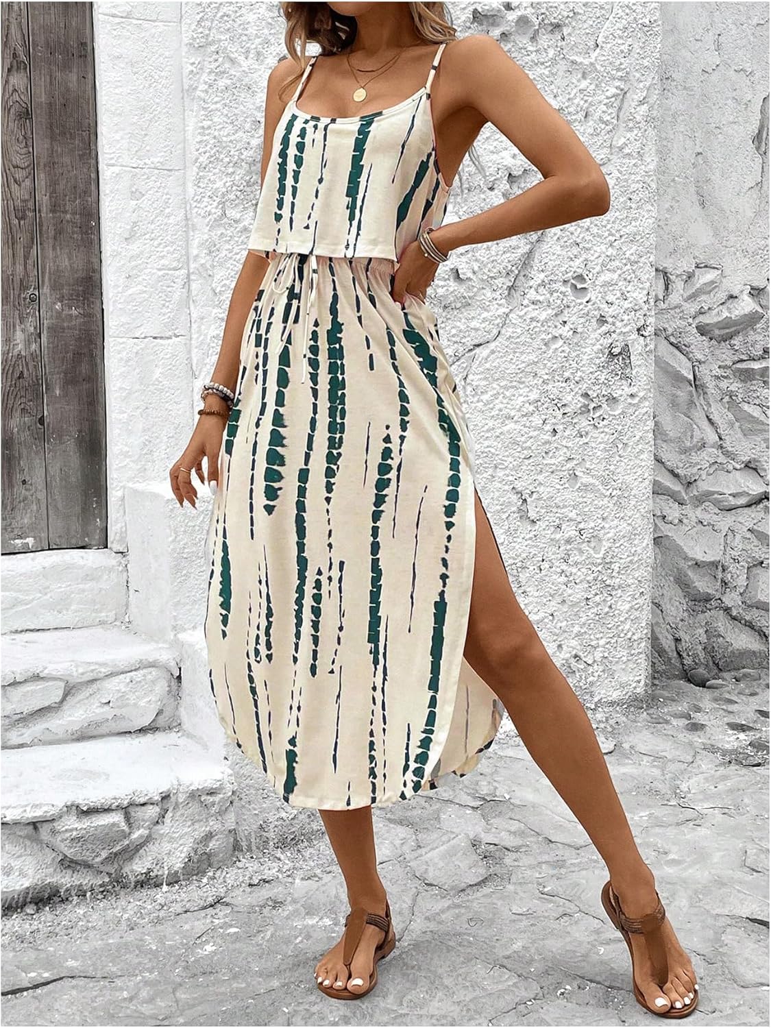Women's Spaghetti Strap Tie Dye Cami Dress Scoop Neck Split Thigh Midi Dresses Knot Front Sun Dresses